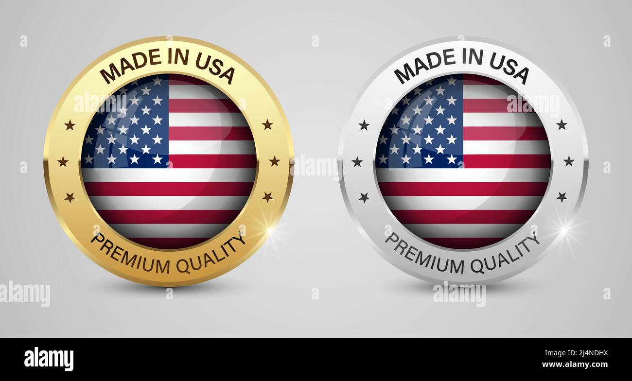 Set di etichette e grafica Made in USA. Alcuni elementi di impatto per l'uso che si desidera fare di esso. Illustrazione Vettoriale