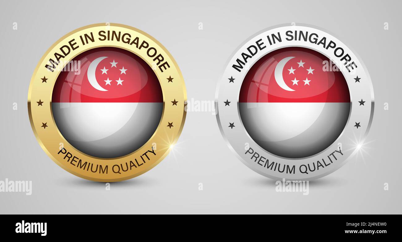 Set di etichette e grafica Made in Singapore. Alcuni elementi di impatto per l'uso che si desidera fare di esso. Illustrazione Vettoriale