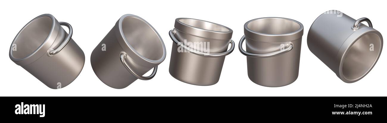 Set di benne in metallo con manico. Latta di vernice, secchio di stagno o lavori di rinnovamento isolati su sfondo bianco, rendering realistico 3D. Foto Stock