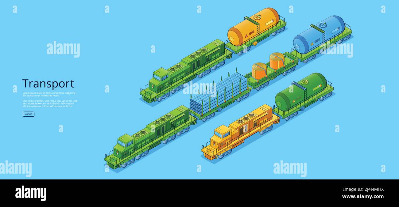 Bandiera di trasporto con cargo treni con locomotiva, carri armati e piattaforme. Poster vettoriale del trasporto ferroviario merci con illustrazione isometrica o Illustrazione Vettoriale
