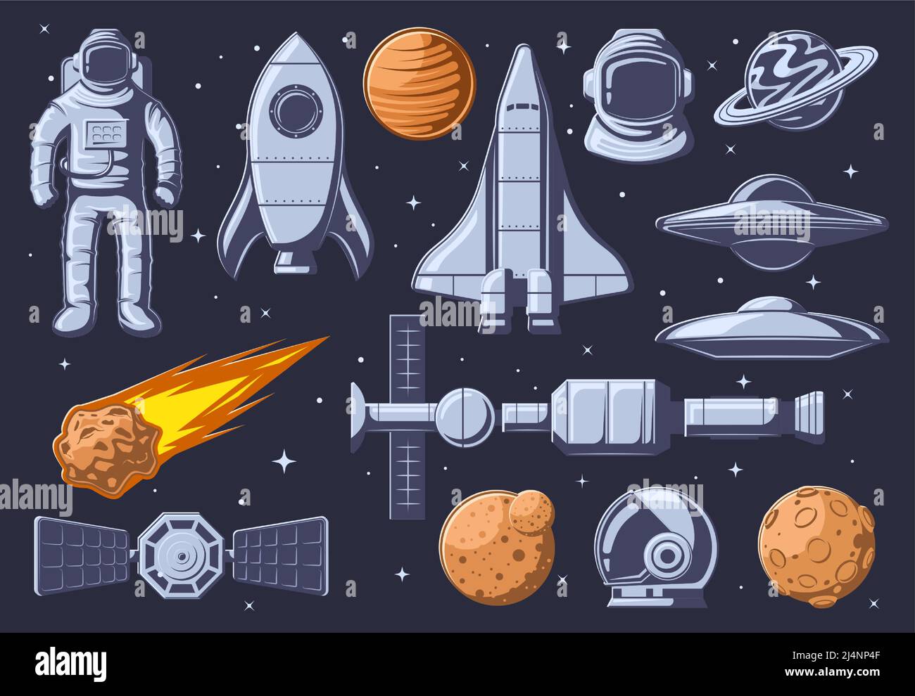 Spazio esterno vintage. Cartoon Planet, tuta spaziale astronauta e set di illustrazioni vettoriali di veicoli spaziali Illustrazione Vettoriale
