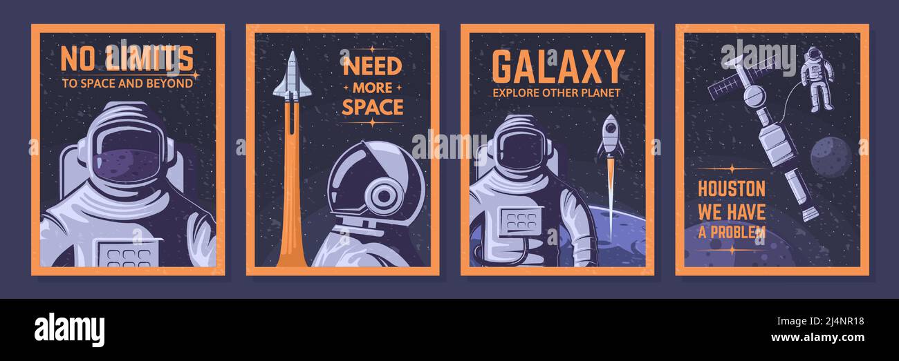 Poster astronauti. Space explorer, avventure del cosmo e set di illustrazioni vettoriali open space Illustrazione Vettoriale