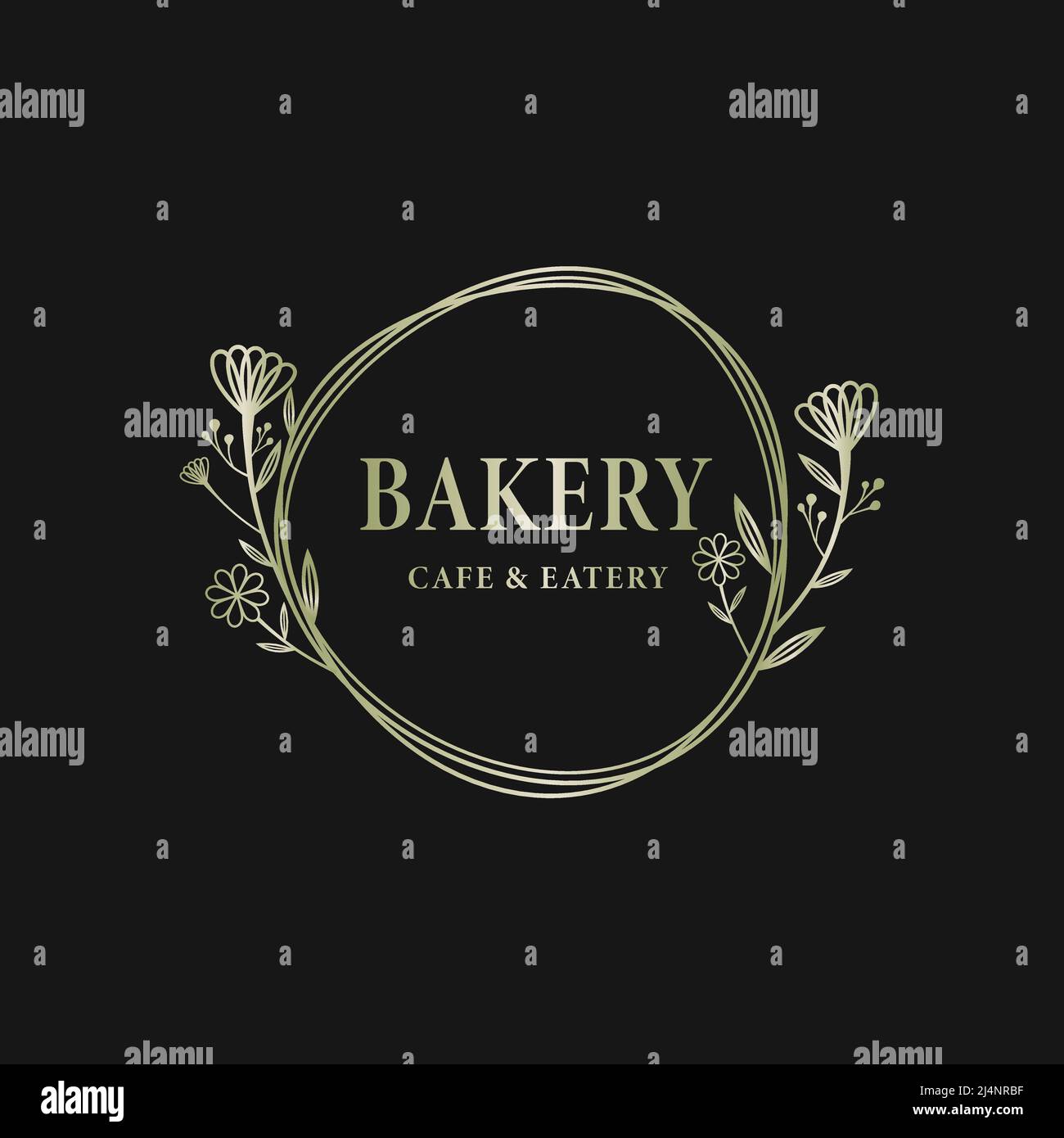 Logo lineare astratto del fiore d'oro, nome dell'azienda in cerchio. Logo per la bellezza, la salute, la cura personale, il business dei fiori, panetteria naturale e biologica che è Illustrazione Vettoriale