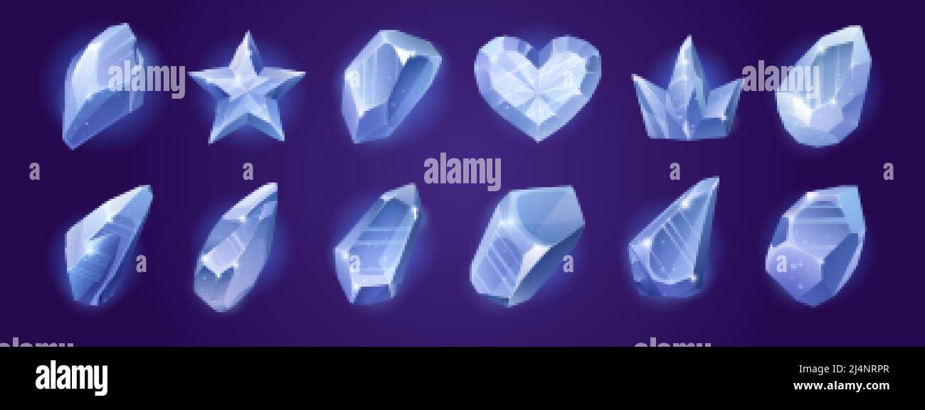 Icone di gioco di cristalli di diamante in forma astratta, stella, cuore e corona. Set di cartoni animati vettoriali di gemme blu lucenti o pietre di vetro, ghiaccio o rhinestone Illustrazione Vettoriale