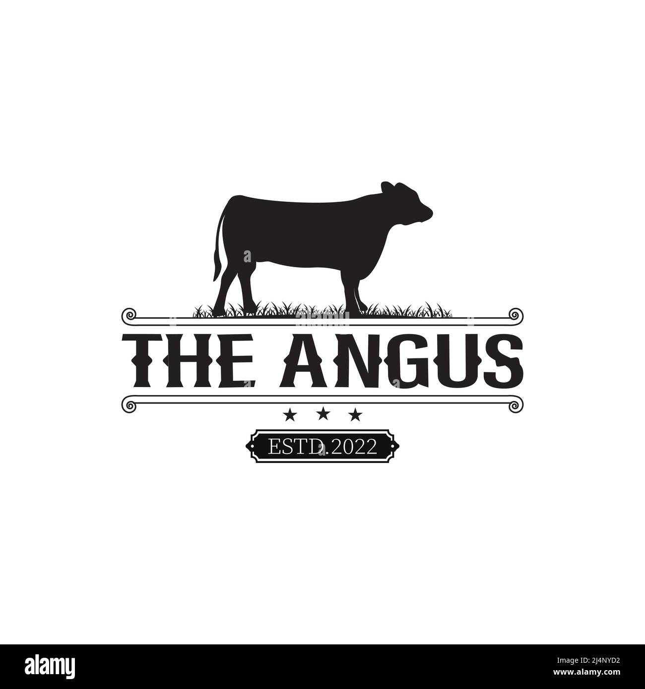 Logo retro Vintage Cow Label, Angus dallo stile classico ed elegante Illustrazione Vettoriale