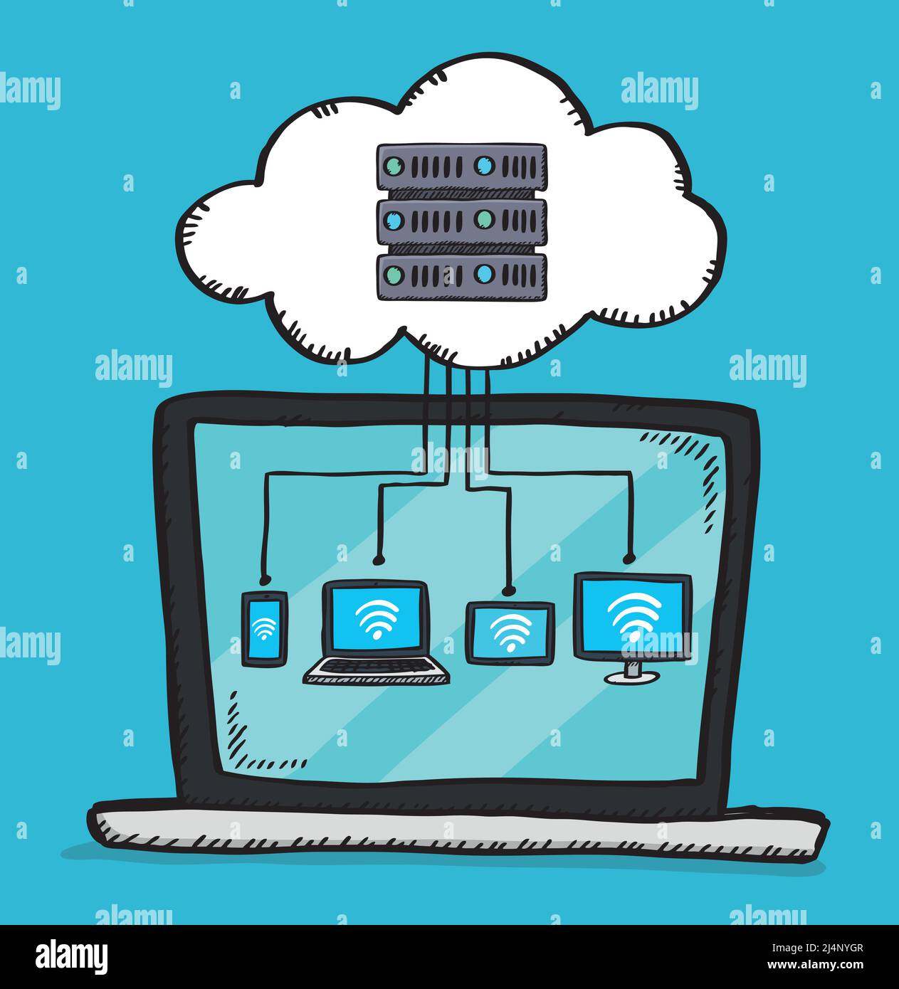 Illustrazione vettoriale della connessione di più dispositivi a un server cloud sullo schermo del notebook. Illustrazione dello stile di schizzo. Illustrazione Vettoriale