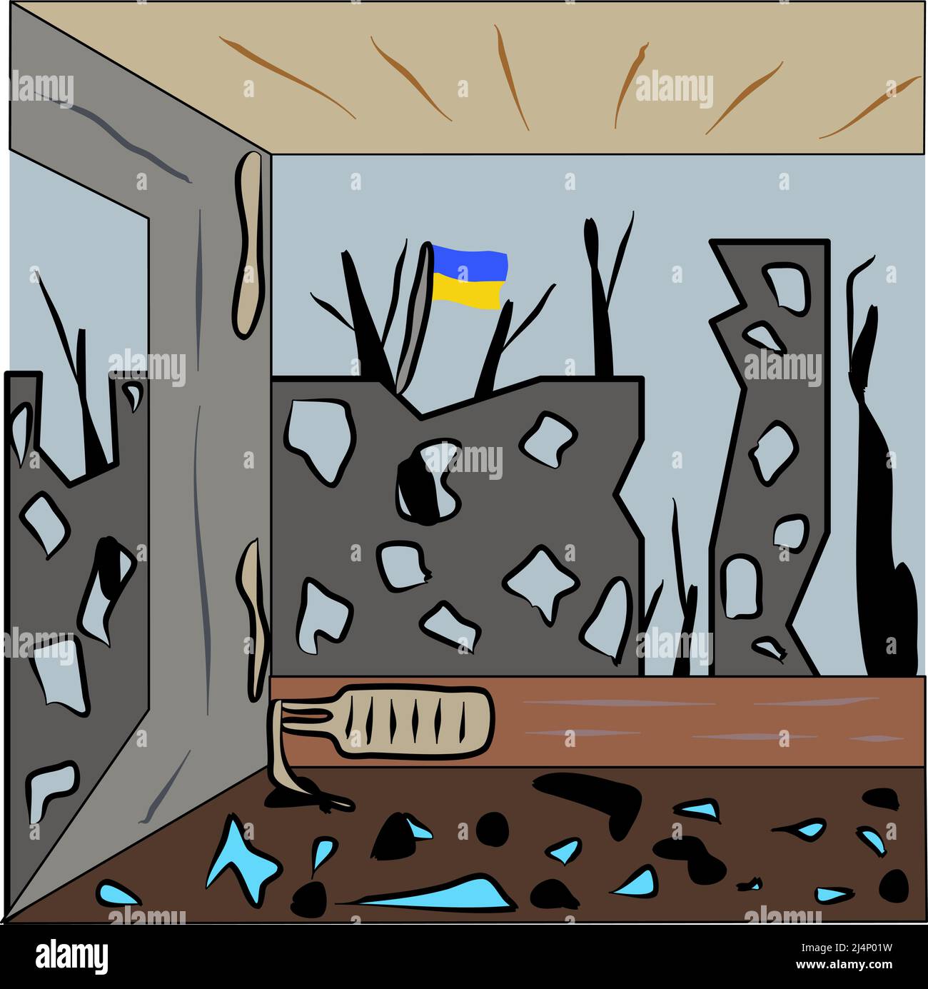 Ucraina dopo i bombardamenti. Case distrutte, finestre rotte. Guerra nel paese. Vettore. Illustrazione Illustrazione Vettoriale
