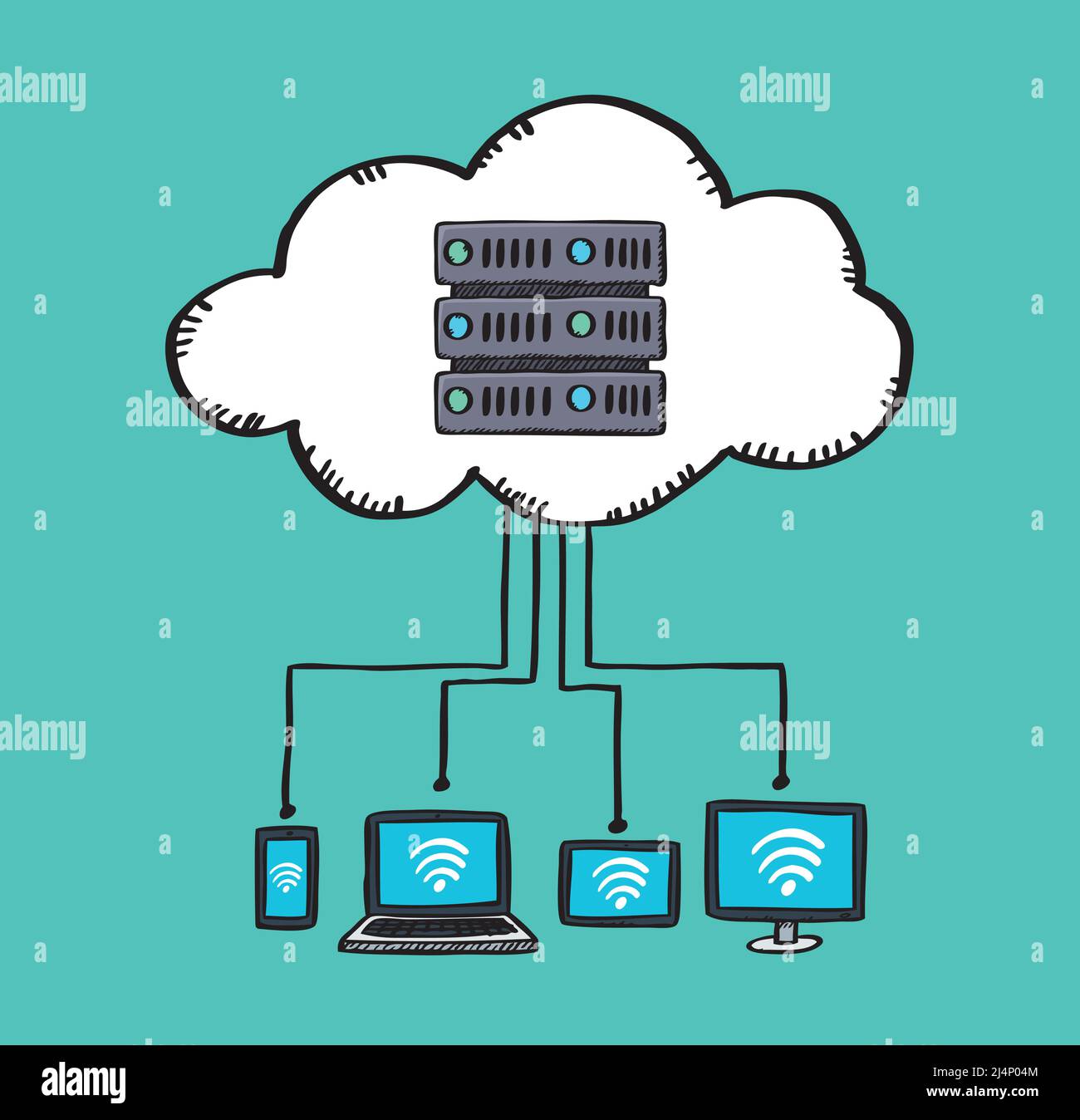 Illustrazione vettoriale della connessione di più dispositivi a un server cloud. Illustrazione dello stile di schizzo. Illustrazione Vettoriale