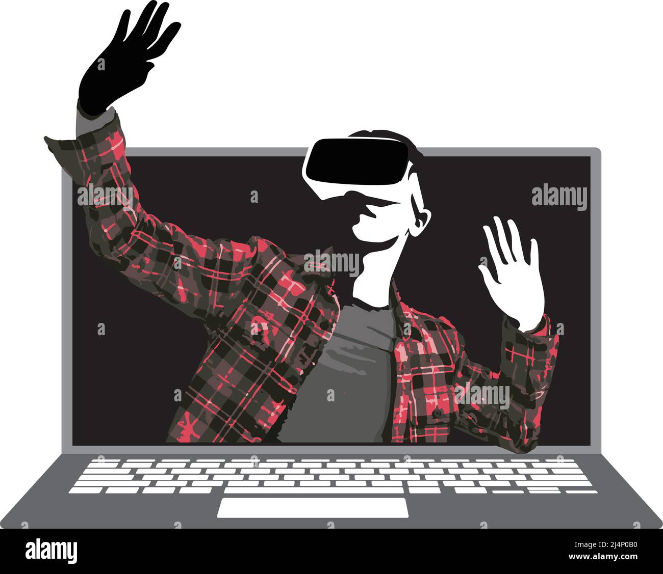 Uomo che indossa occhiali VR, mani in su, esce dal notebook Illustrazione Vettoriale