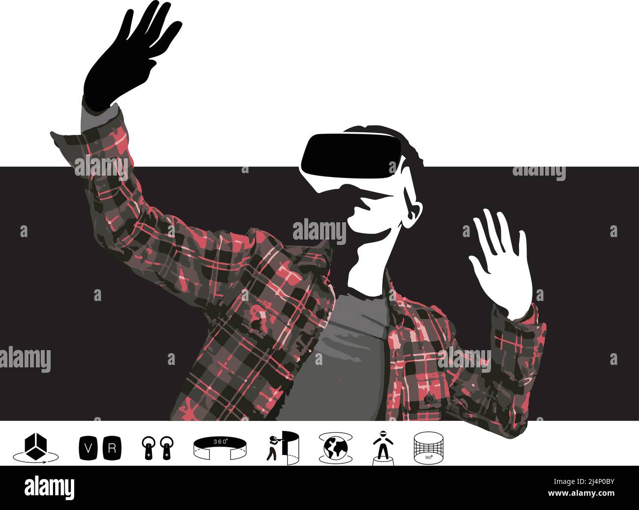 L'uomo che indossa occhiali VR, le mani in alto, esce dallo schermo Illustrazione Vettoriale