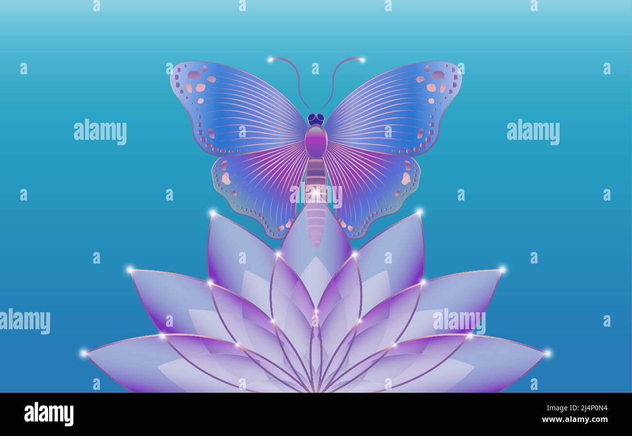 Sacro fiore di loto e mistico logo farfalla slogan con colorato Butterfly modello di fiore colorato. Vector Design per Moda, Poster e carte Illustrazione Vettoriale