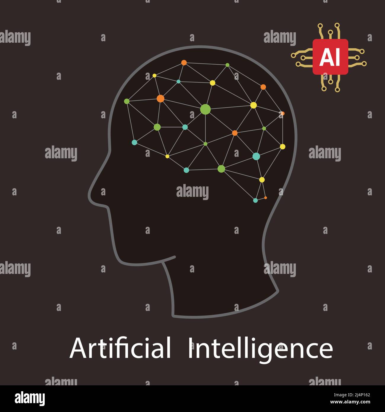 Concetto di intelligenza artificiale. Icona del logo del cervello della scheda a circuiti puntati, illustrazione vettoriale in stile high tech Illustrazione Vettoriale