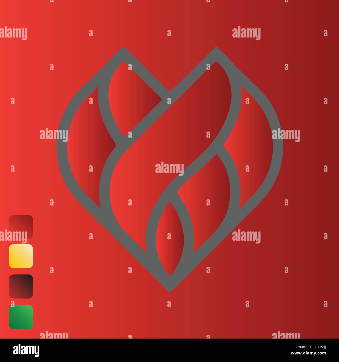 Il giallo, il rosso e il verde sfumano il cuore su uno sfondo verde isolato. Illustrazione vettoriale. Illustrazione Vettoriale