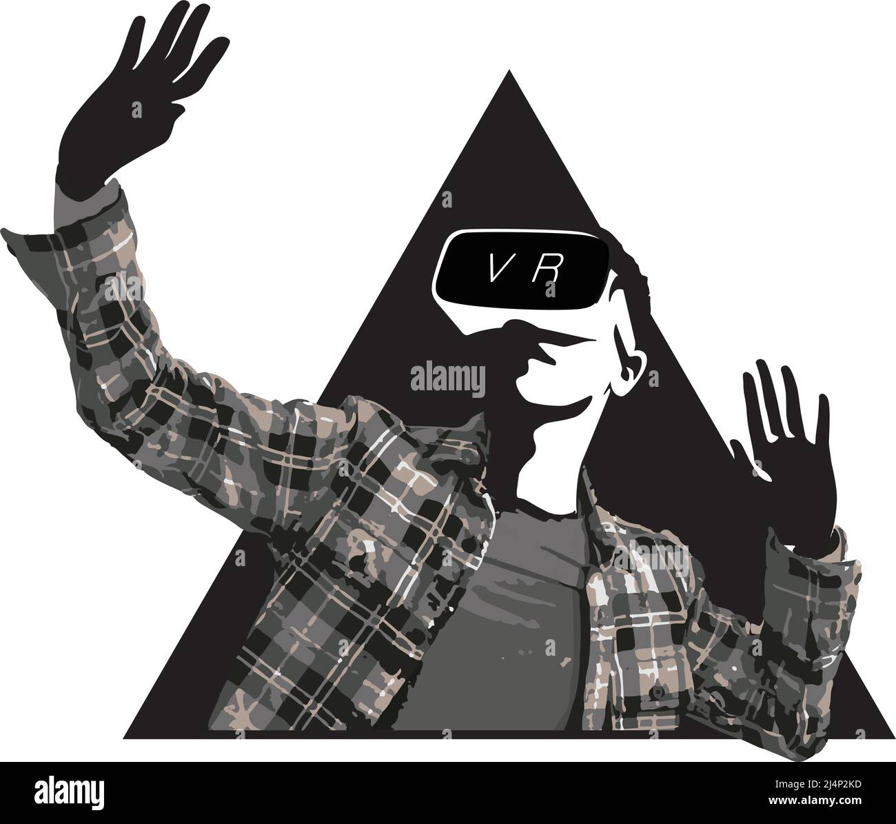 Uomo che indossa occhiali VR, mani in su, tocca lo schermo, esegue l'analisi dei dati Illustrazione Vettoriale