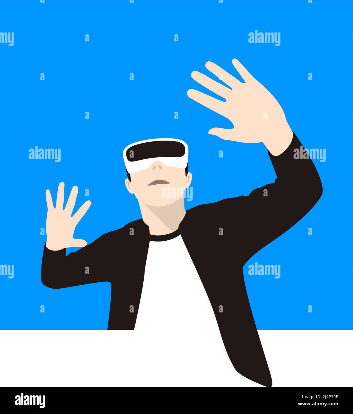 Uomo che indossa occhiali per realtà virtuale. Mani in su, giochi, illustrazione vettoriale Illustrazione Vettoriale