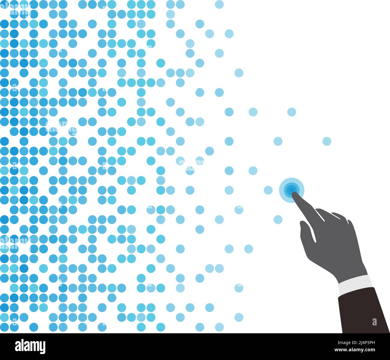 Sfondo digitale, sequenza del codice QR, puntini di polka. Dito che tocca lo schermo Illustrazione Vettoriale