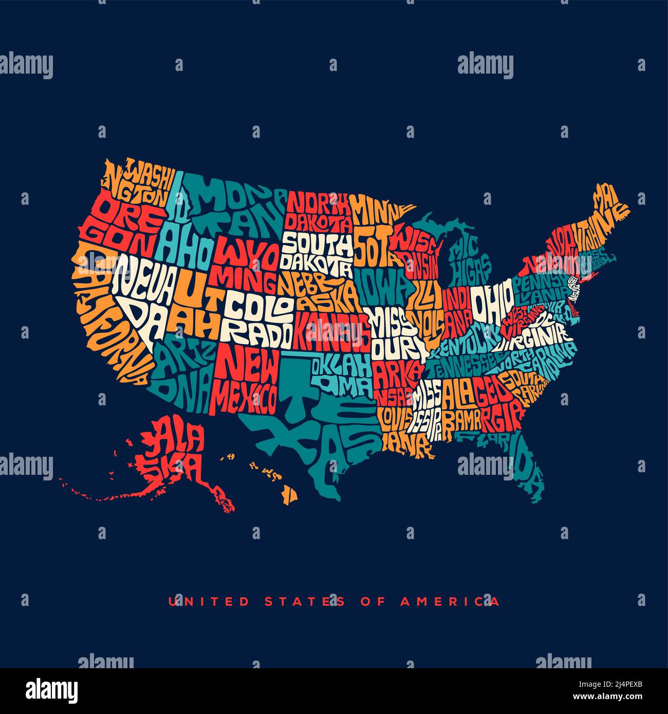 Tipografia cartografica USA. Stati Uniti d'America mappa tipografia art. UAS Map Lettering con tutti gli stati nome. Illustrazione Vettoriale