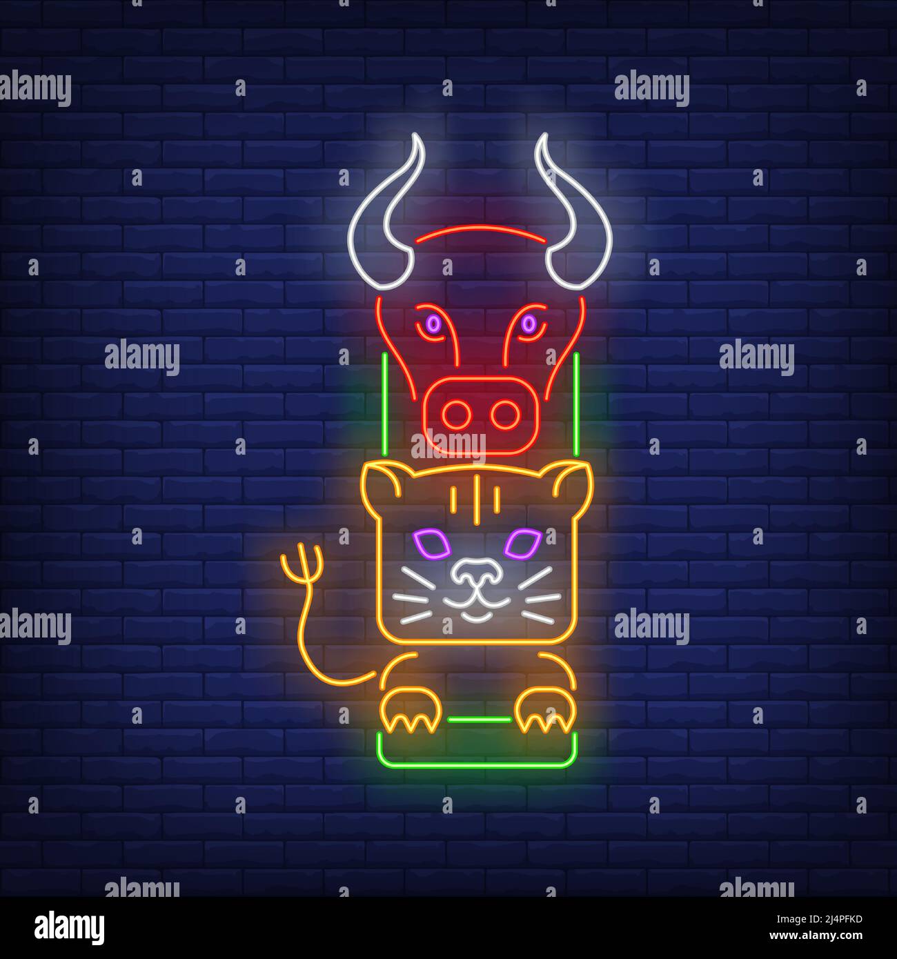 Totem pole con bufala e tigre segno neon. Cultura, idolo, disegno religioso. Insegna al neon notturna, cartellone colorato, banner chiaro. Illustrazione vettoriale Illustrazione Vettoriale