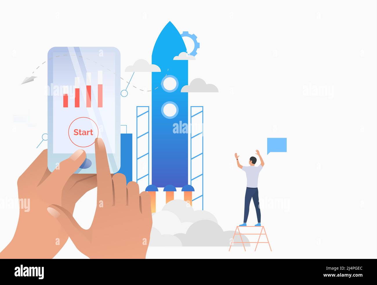 Mani che tengono smartphone con grafico a barre sullo schermo, razzo. Inizio, il concetto di metafora della crescita finanziaria. L'illustrazione vettoriale può essere utilizzata per argomenti come b Illustrazione Vettoriale