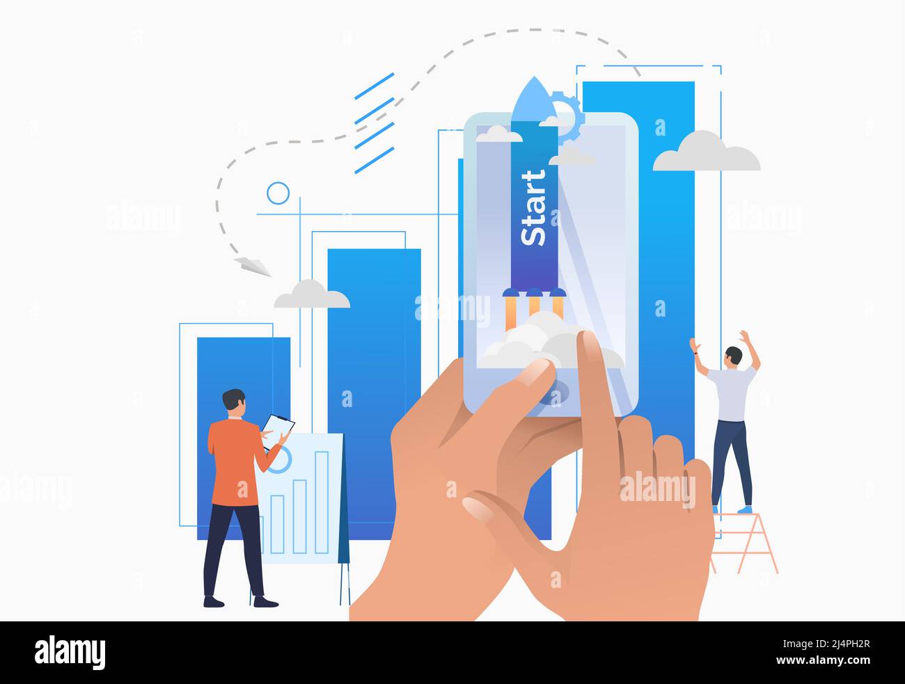 Porta con te smartphone, cartografia a barre e lancio del razzo. Inizio, il concetto di metafora della crescita finanziaria. L'illustrazione vettoriale può essere utilizzata per argomenti come il busin Illustrazione Vettoriale