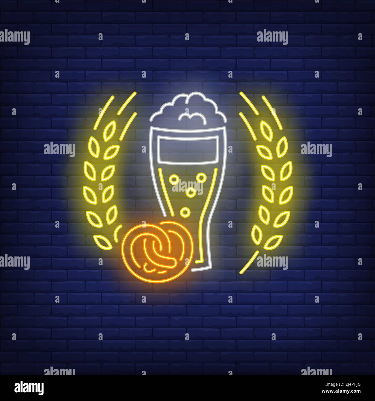 Bicchiere di birra, pretzel e orzo orecchie segno neon. Bar, pub, design per feste. Insegna al neon notturna, cartellone colorato, banner chiaro. Illustrazione vettoriale i Illustrazione Vettoriale
