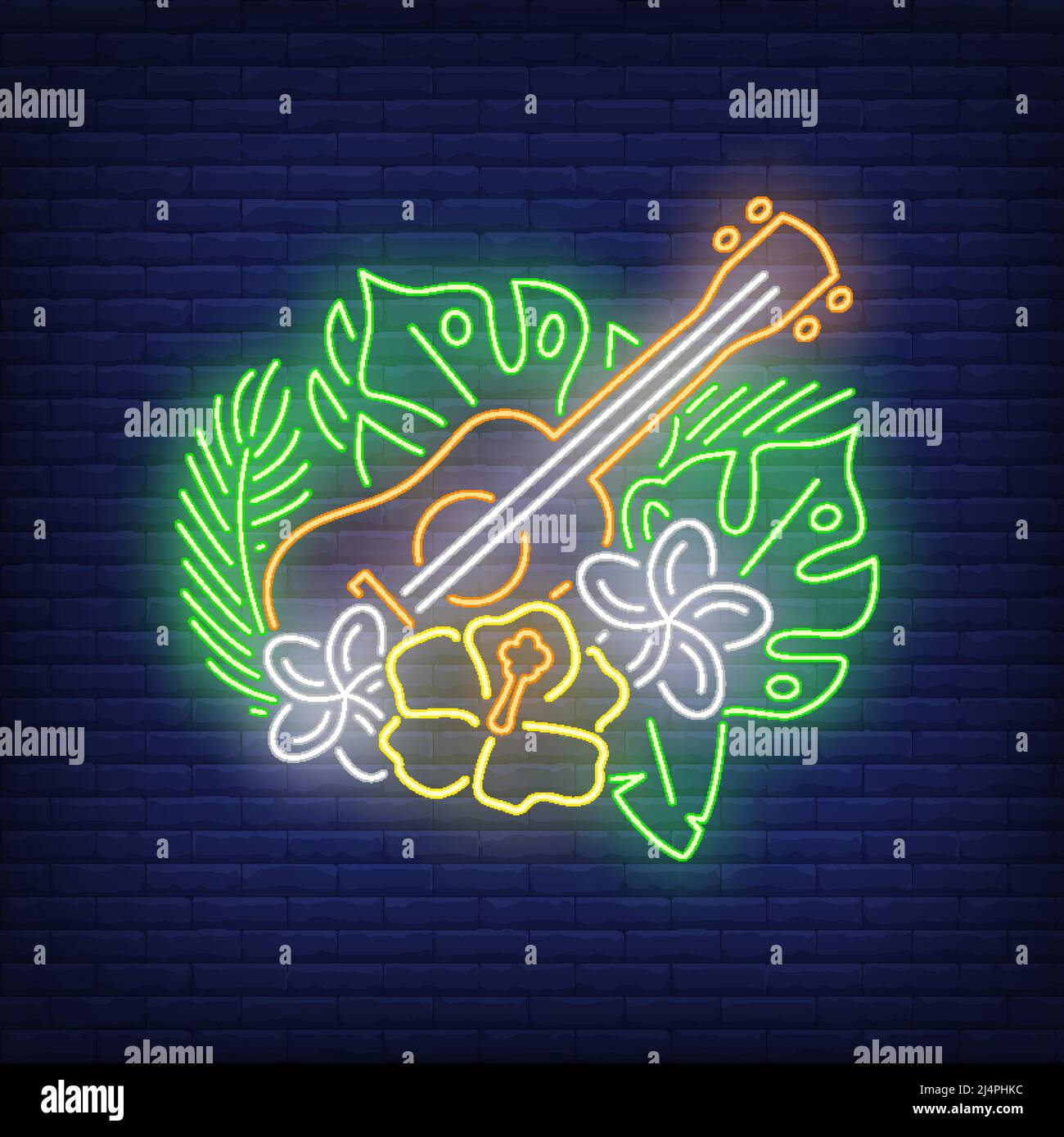 Ukulele con segno al neon ibiscuses. Fiori tropicali, foglie verdi e chitarra. Elementi di banner o cartelloni luminosi. Illustrazione vettoriale in stile neon Illustrazione Vettoriale