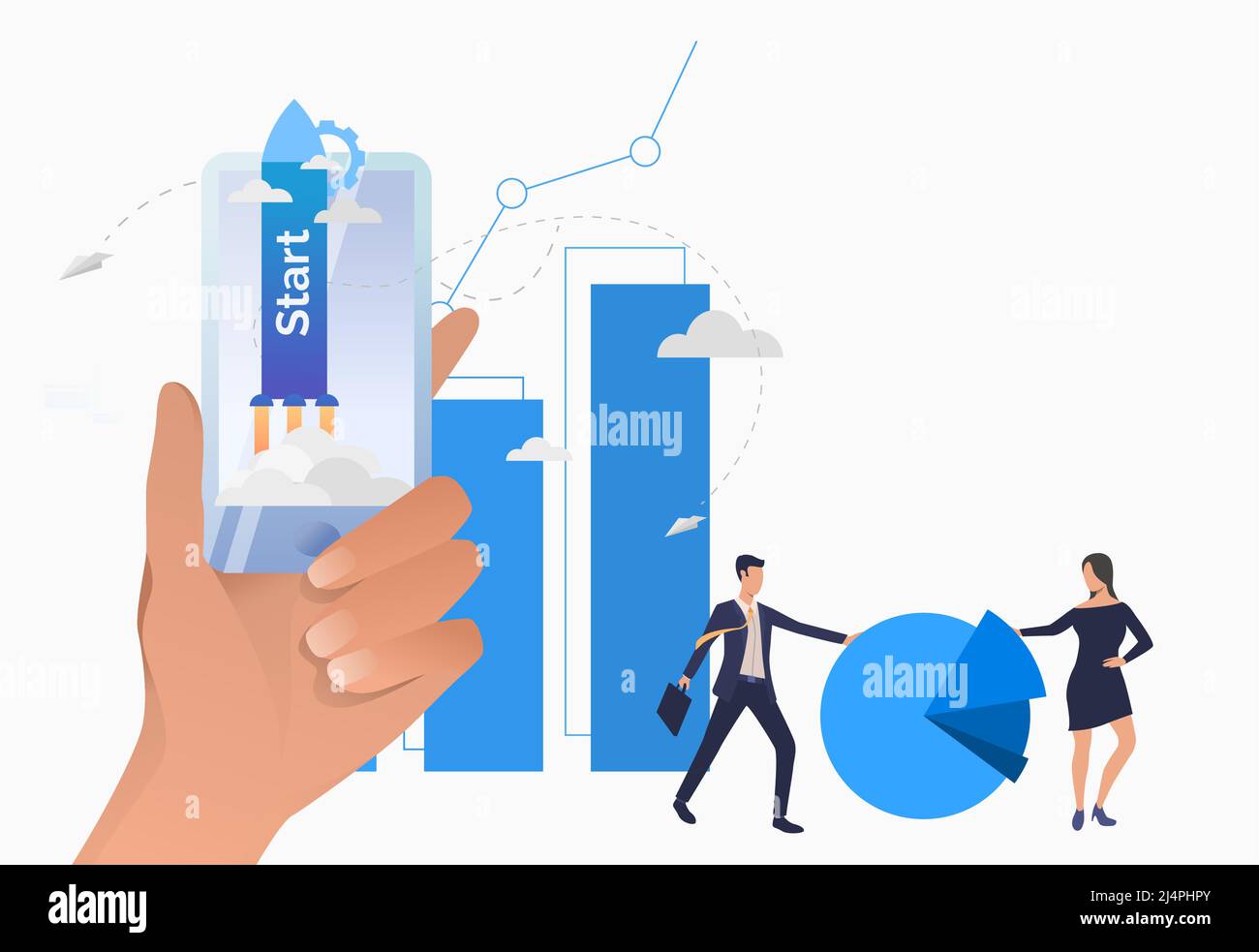 Tenere lo smartphone a mano con razzo sullo schermo e diagrammi. Inizio, il concetto di metafora della crescita finanziaria. L'illustrazione vettoriale può essere utilizzata per argomenti come Illustrazione Vettoriale