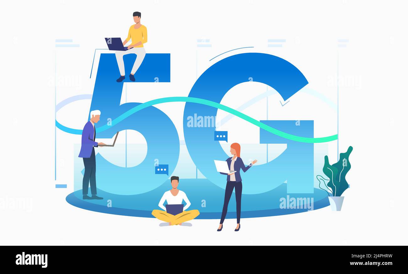 Professionisti che utilizzano una rete 5G ad alta velocità. Quinta generazione, internet, bolla del discorso. Concetto di tecnologia. L'illustrazione vettoriale può essere utilizzata per gli argomenti l Illustrazione Vettoriale