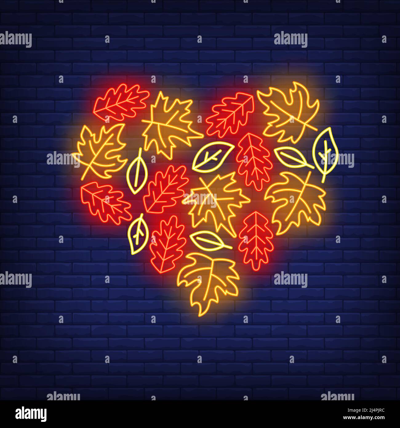 Cartello al neon con fogliame autunnale. Mucchio a forma di cuore di caduta acero e foglie di quercia su sfondo mattone. Concetto autunnale. Illustrazione vettoriale in stile neon, glowi Illustrazione Vettoriale