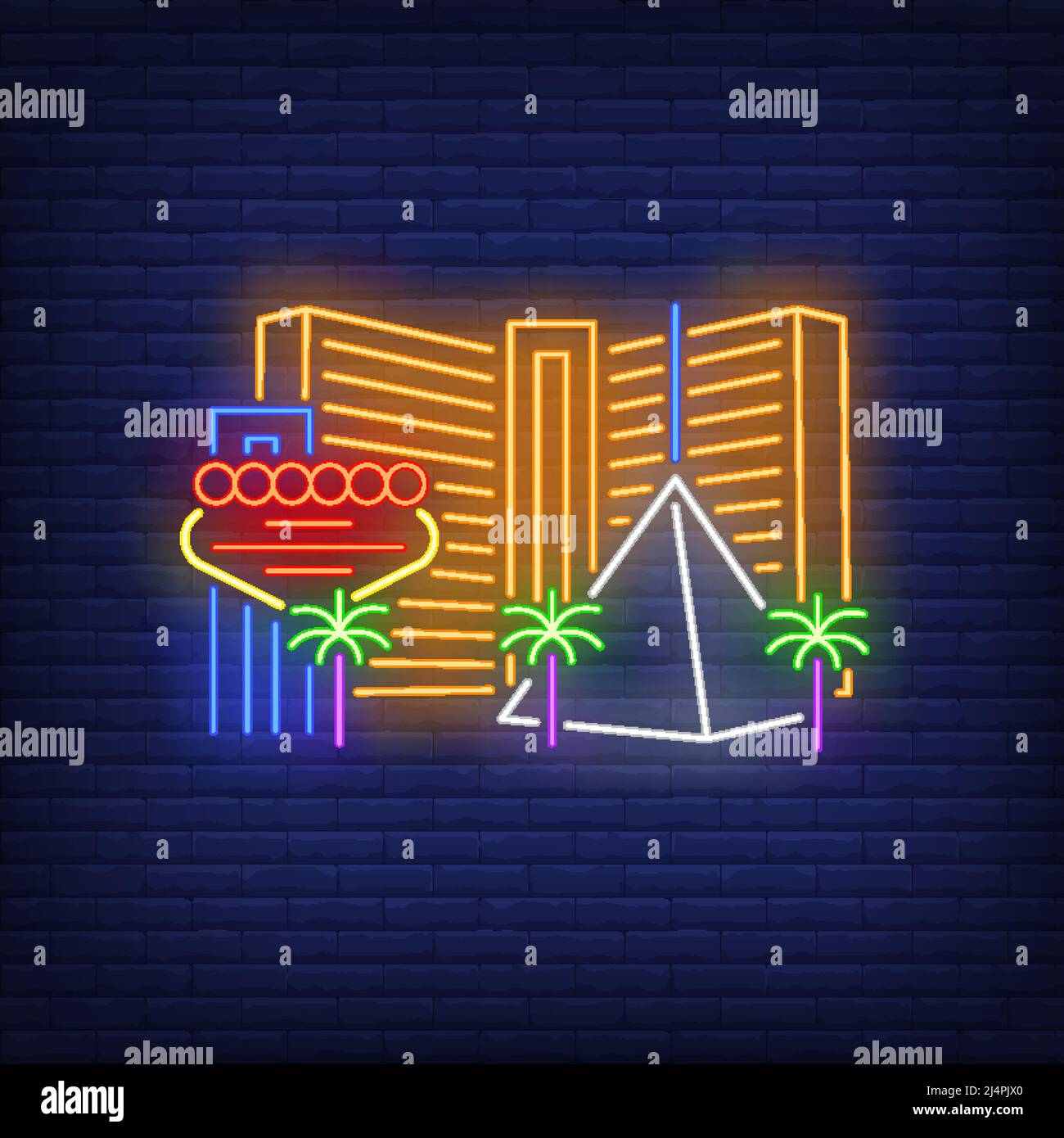 Edifici della città di Las Vegas e cartello al neon Landmarks. Visite turistiche, turismo, design casinò. Insegna al neon notturna, cartellone colorato, banner chiaro. VECTO Illustrazione Vettoriale