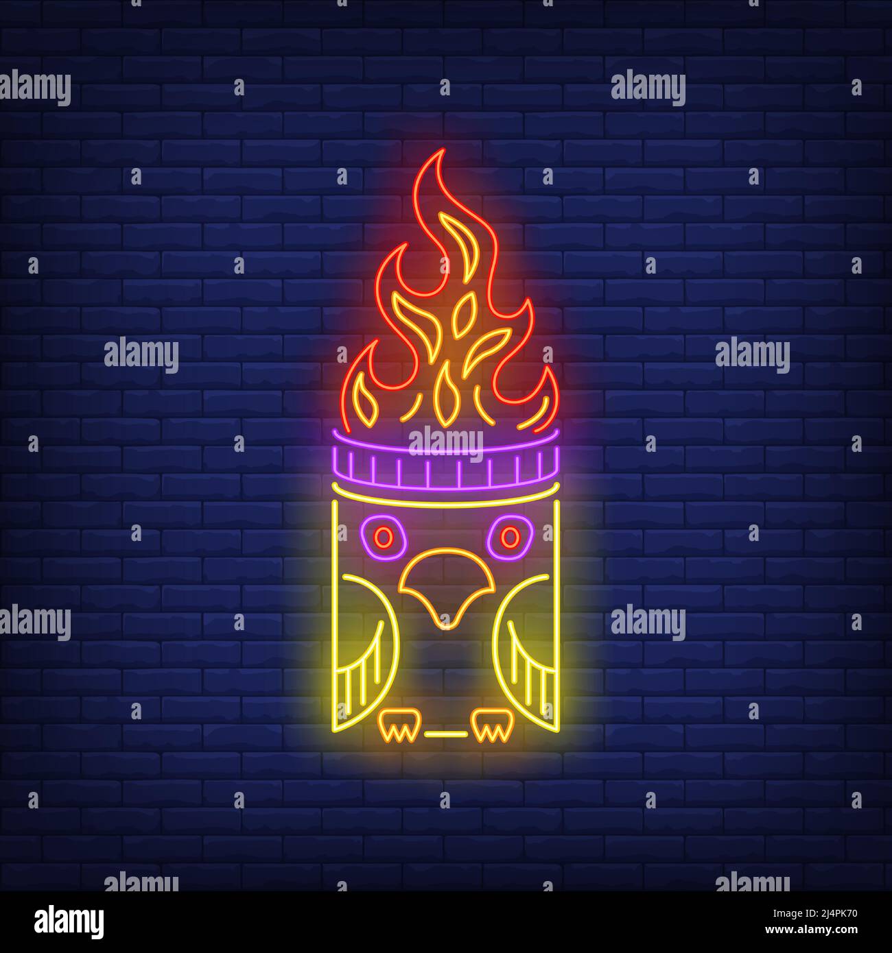 Totem pole con uccello e fuoco fuoco neon segno. Cultura, idolo, disegno religioso. Insegna al neon notturna, cartellone colorato, banner chiaro. Illust vettoriale Illustrazione Vettoriale