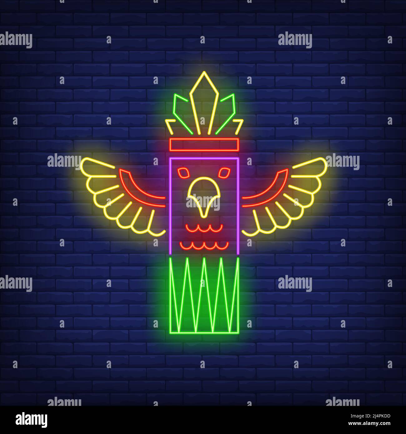 Totem pole con cartello al neon. Cultura, idolo, disegno religioso. Insegna al neon notturna, cartellone colorato, banner chiaro. Illustrazione vettoriale in neon Illustrazione Vettoriale