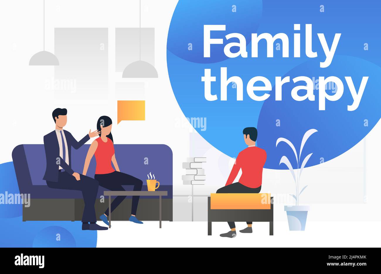 Coppia che parla di problemi con l'illustrazione vettoriale dello psicologo. Consulenza, psicoterapia, consultazione. Terapia familiare. Può essere utilizzato per le pagine Web Illustrazione Vettoriale