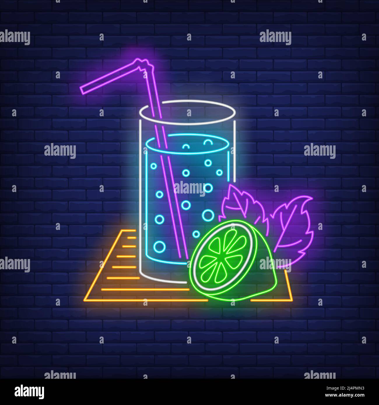 Bicchiere di limonata con cartello al neon di paglia e lime. Bevanda, bevanda, design fresco. Insegna al neon notturna, cartellone colorato, banner chiaro. Vettore illu Illustrazione Vettoriale