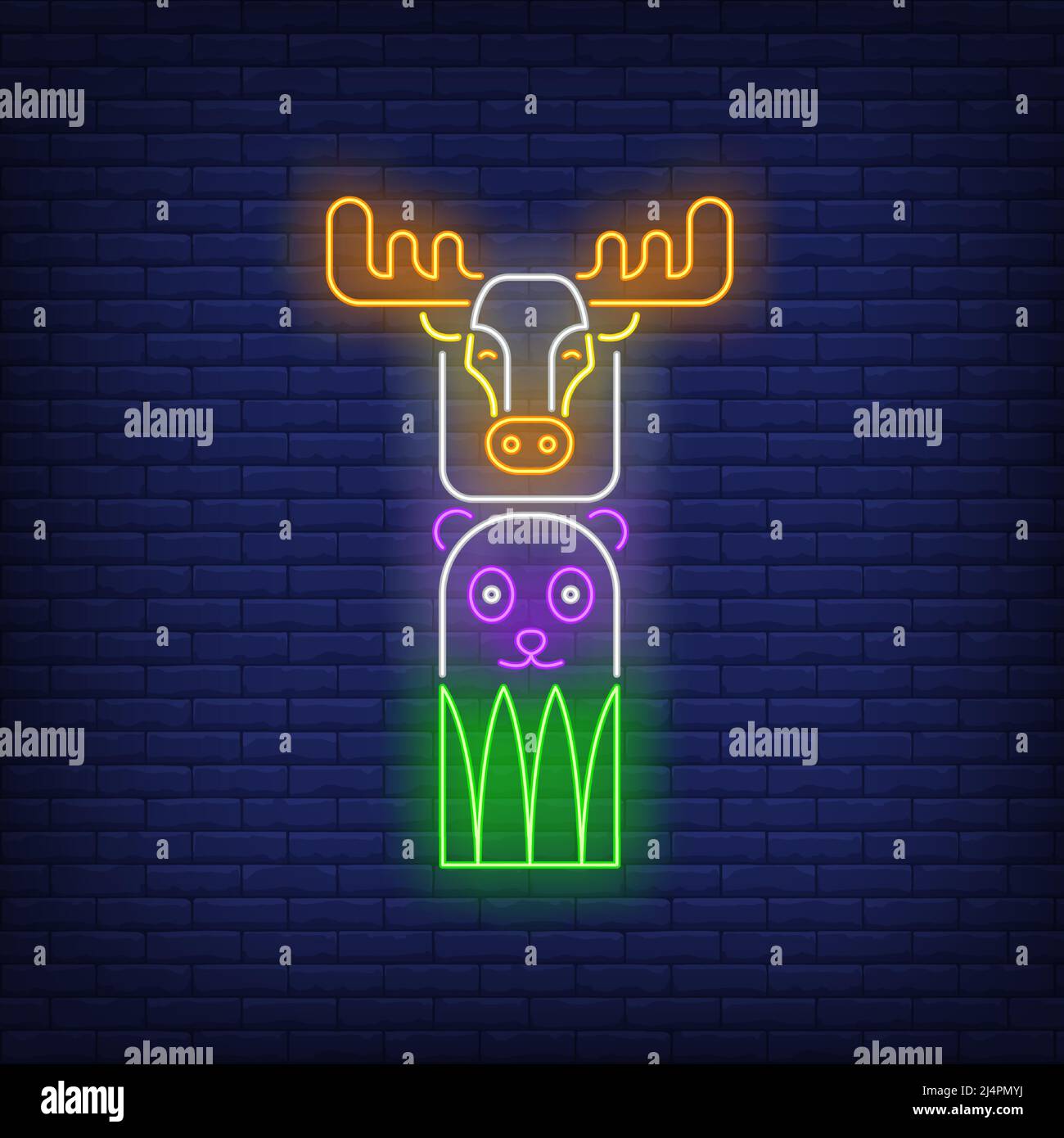 Totem pole con alce e cartello al neon. Cultura, idolo, disegno religioso. Insegna al neon notturna, cartellone colorato, banner chiaro. Illustrazione vettoriale Illustrazione Vettoriale