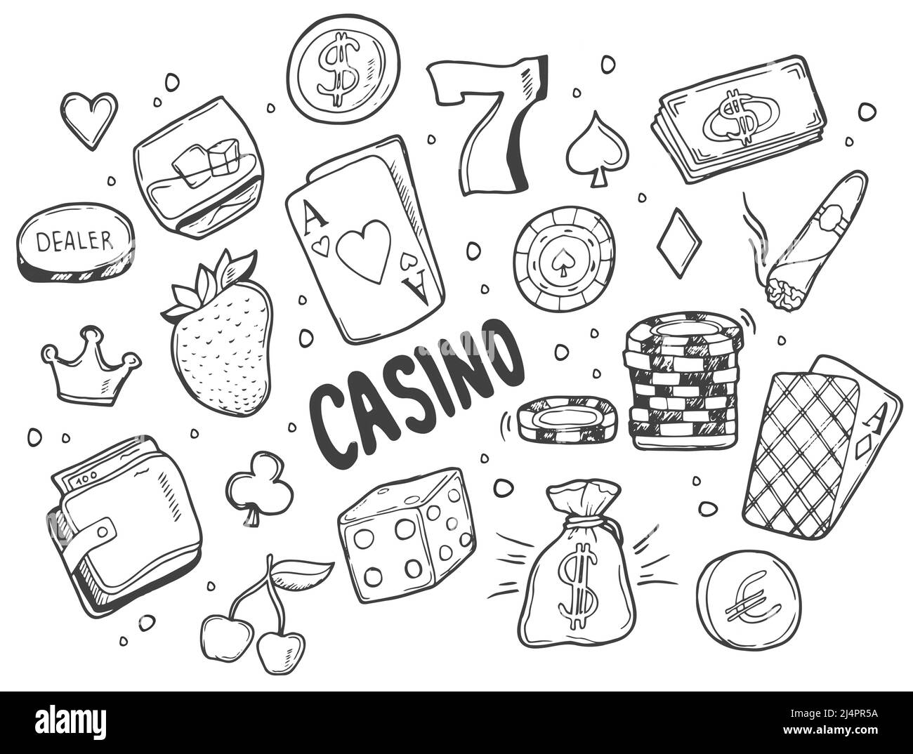 Doodle Sketchy vettore disegnato a mano Doodle cartoon set di oggetti Casino e simboli Illustrazione Vettoriale