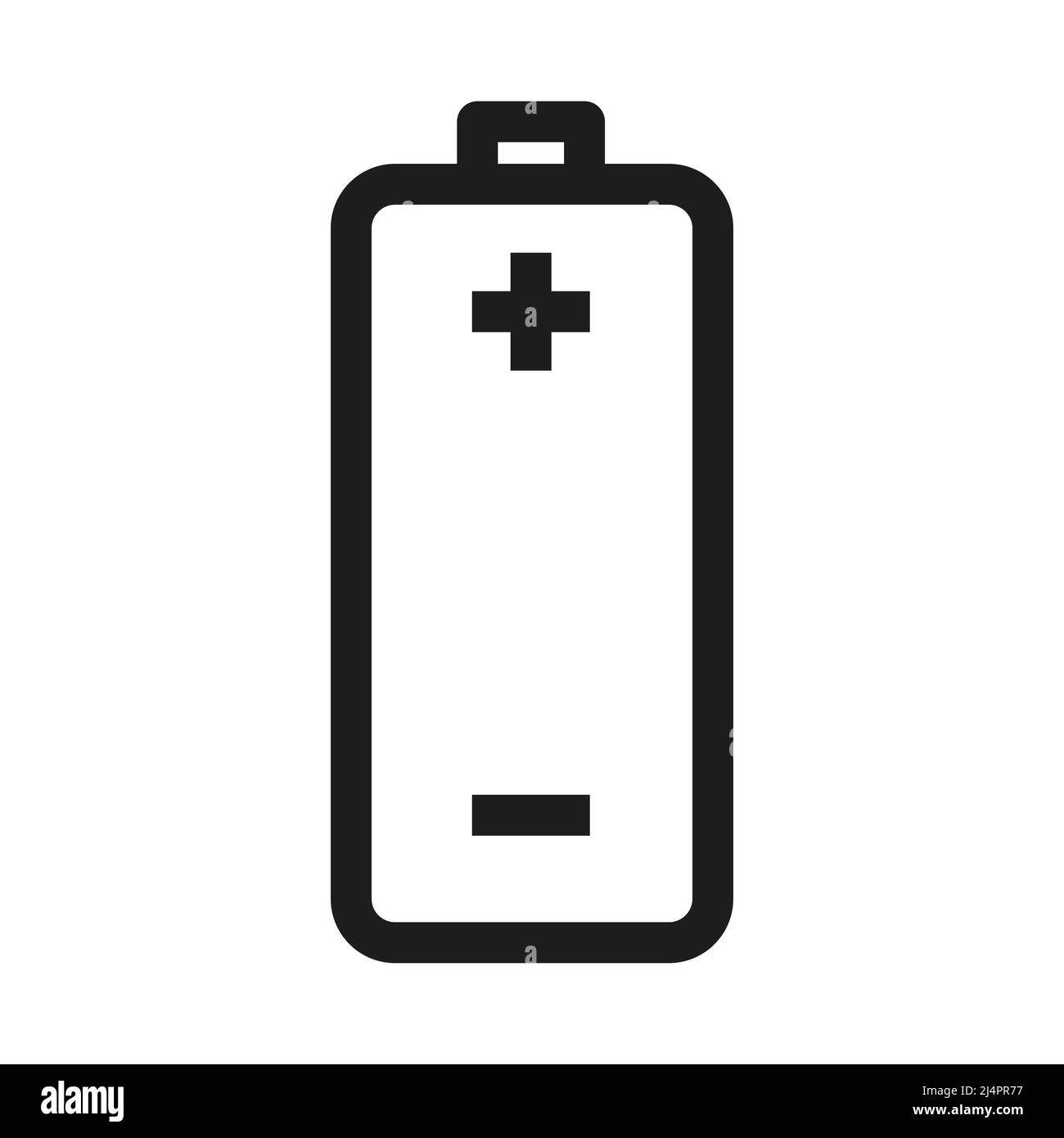 Simbolo della batteria con l'icona più e meno in stile contorno su sfondo bianco Illustrazione Vettoriale