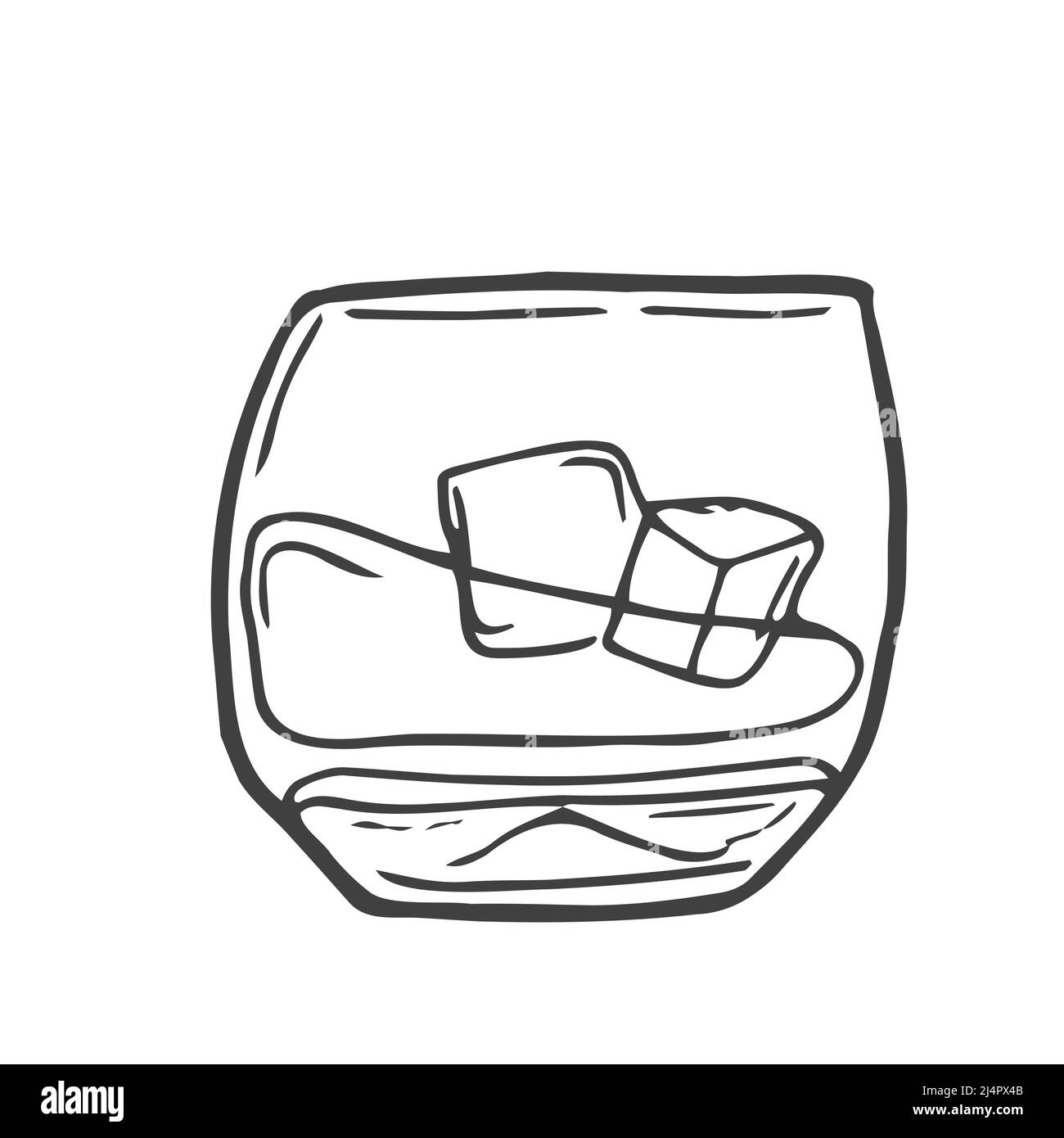 Doodle linea disegno di whiskey in vetro con cubetti di ghiaccio. Design minimalista di concetto bar e ristorante per logo isolato su sfondo bianco. Illustrazione Vettoriale