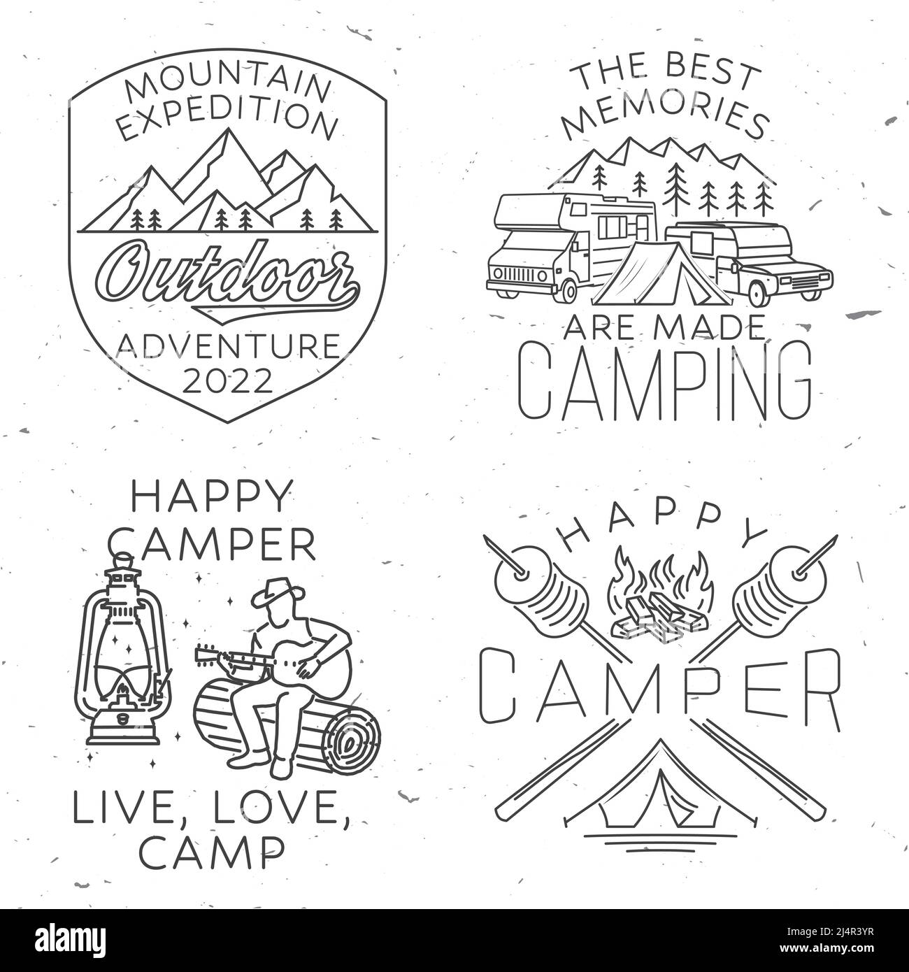 Set di badge per la spedizione in montagna. Illustrazione vettoriale. Concetto per camicia o logo, stampa, timbro o tee. Linea vintage design artistico con falò Illustrazione Vettoriale