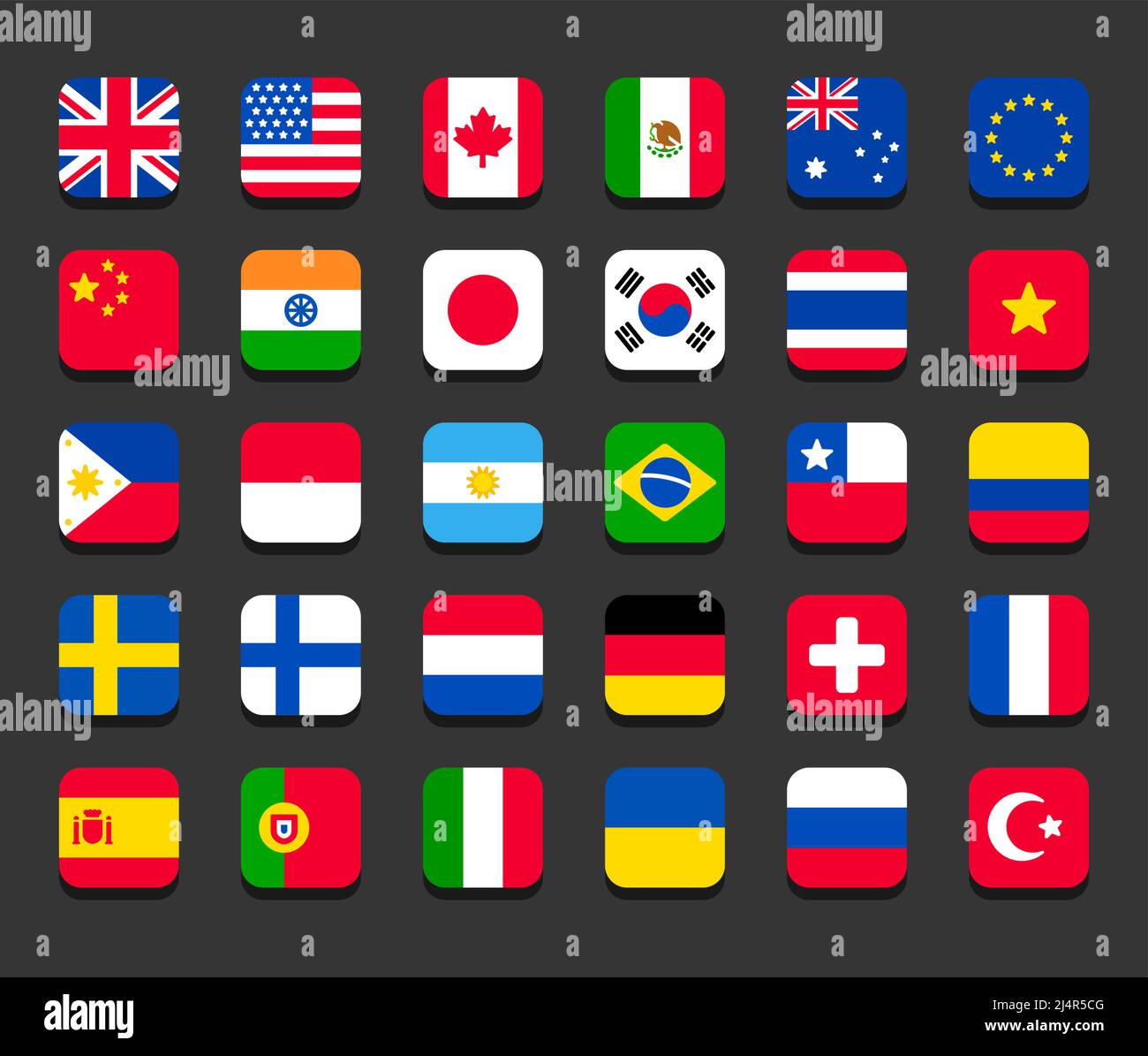 30 bandiere di paese impostate. Icone quadrate con angoli arrotondati. Semplice stile vettoriale piano cartoon stilizzato. Illustrazione Vettoriale