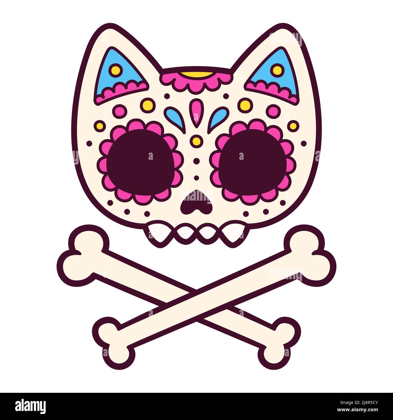 Carino cartoon messicano dipinto gatto cranio e crossbone. Dia de los Muertos (giorno dei morti) disegno, illustrazione vettoriale. Illustrazione Vettoriale