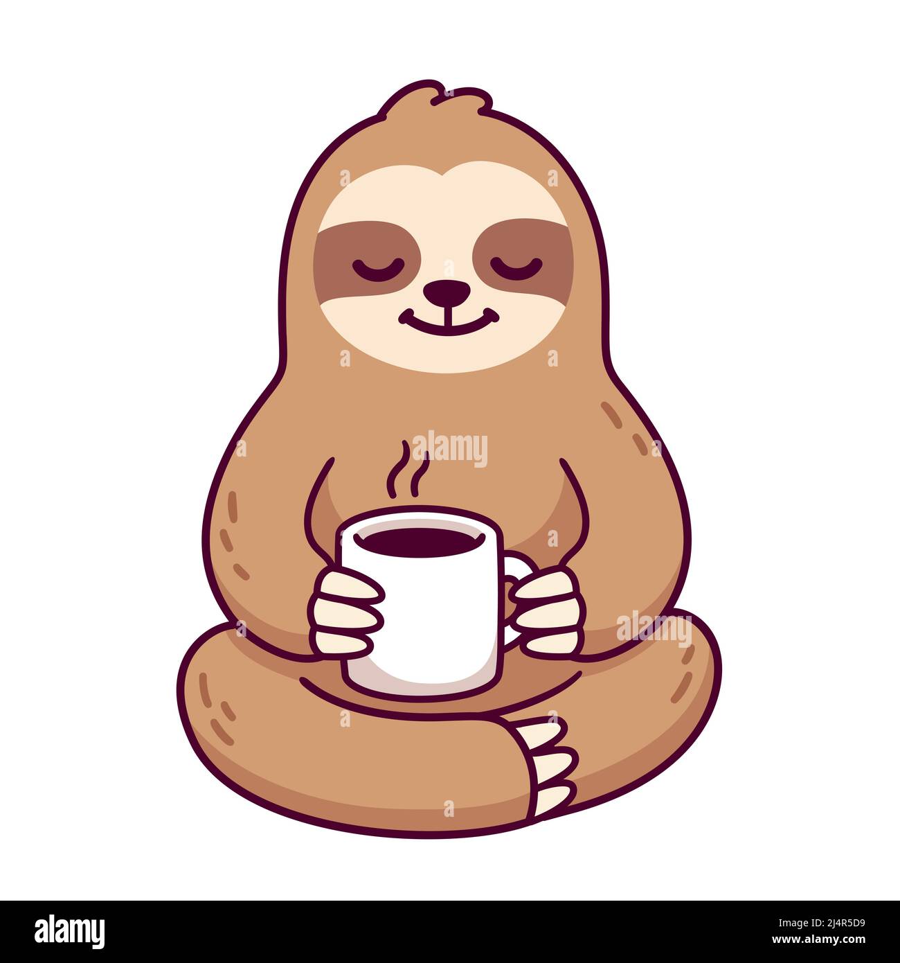 Simpatico cartoon sloth con una tazza di caffè o tè. Divertente personaggio cartoon, illustrazione grafica vettoriale clip. Illustrazione Vettoriale