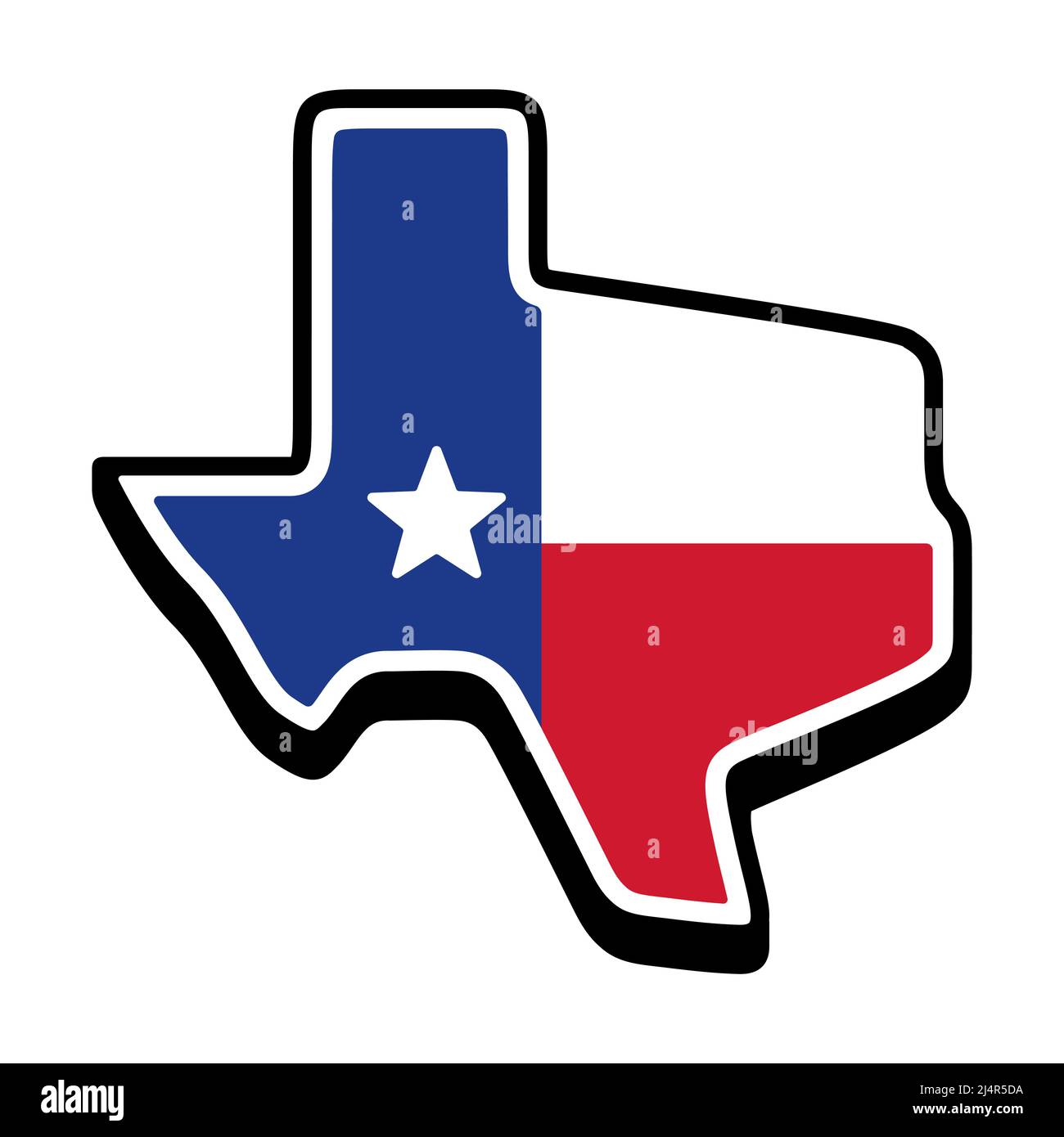 Silhouette a forma di stato del Texas con bandiera del Texas. Icona o adesivo, immagine grafica di clip vettoriale. Illustrazione Vettoriale