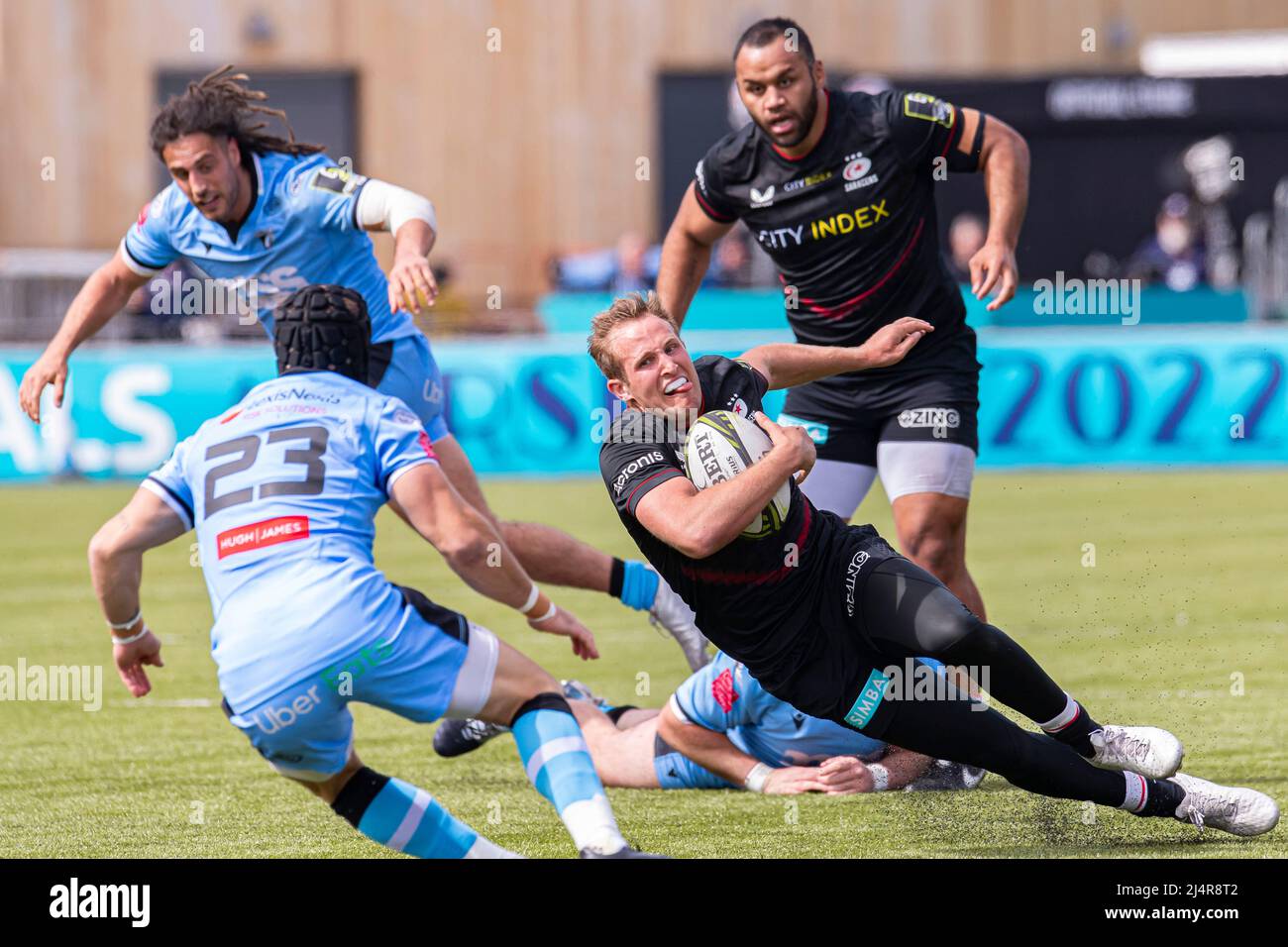 LONDRA, REGNO UNITO. 17th, Apr 2022. Max Malins di Saracens in azione durante L'EPCR Challenge Cup Match tra Saracens vs Cardiff Blues allo StoneX Stadium di domenica 17 aprile 2022. LONDRA INGHILTERRA. Credit: Taka G Wu/Alamy Live News Foto Stock