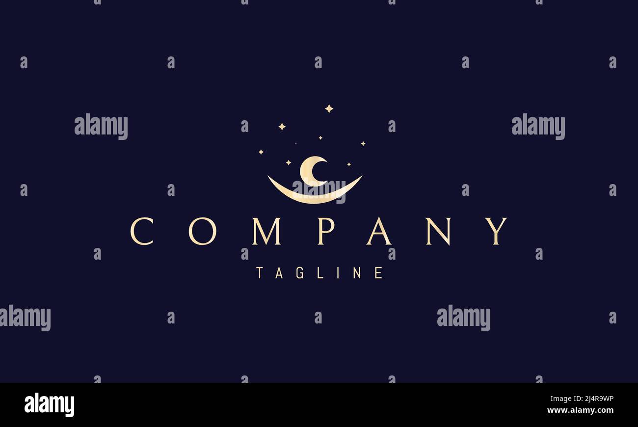 Logo Vector Golden su cui un'immagine astratta della luna in una ciotola sullo sfondo delle stelle. Illustrazione Vettoriale