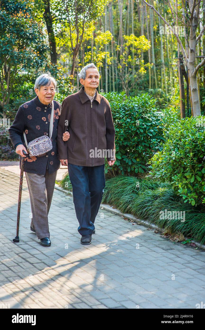 Uomo anziano e Donna che cammina fuori. Una coppia anziana, di 80 anni, aiutarsi a vicenda, sta camminando fuori, donna che tiene un bastone camminante. Foto Stock