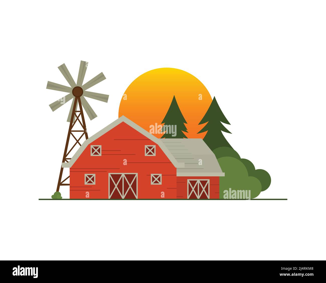 Barn Farm con alberi e Sunset Illustration Vector Illustrazione Vettoriale