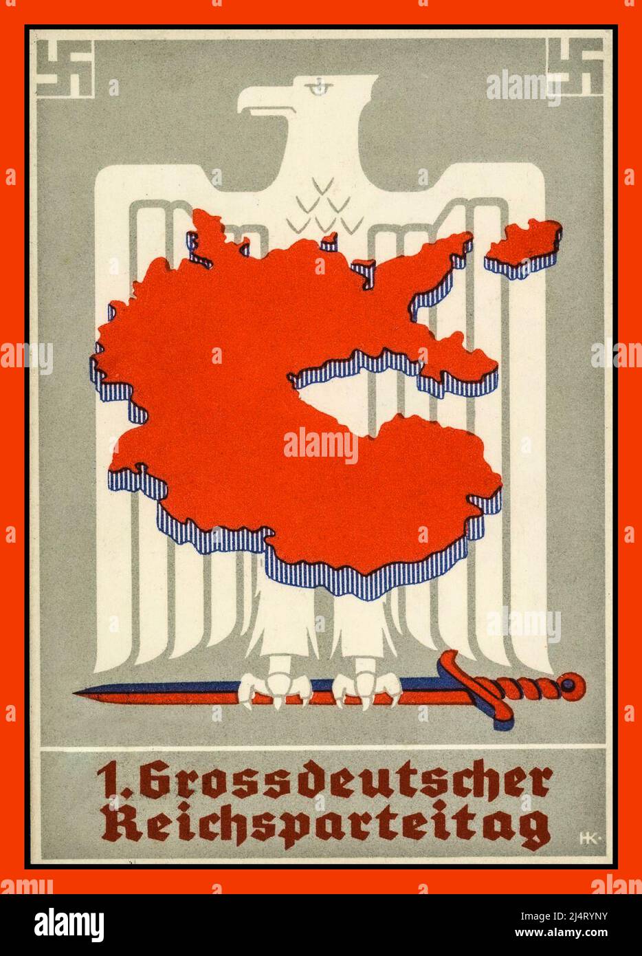 1930s Germania nazista Propaganda Poster Card per la Grande Germania, Reichsparteitag (Reich Party Congress) Grossdeutscher Reichsparteitag con simboli Swastika Aquila tedesca e una mappa della Germania nazista Foto Stock