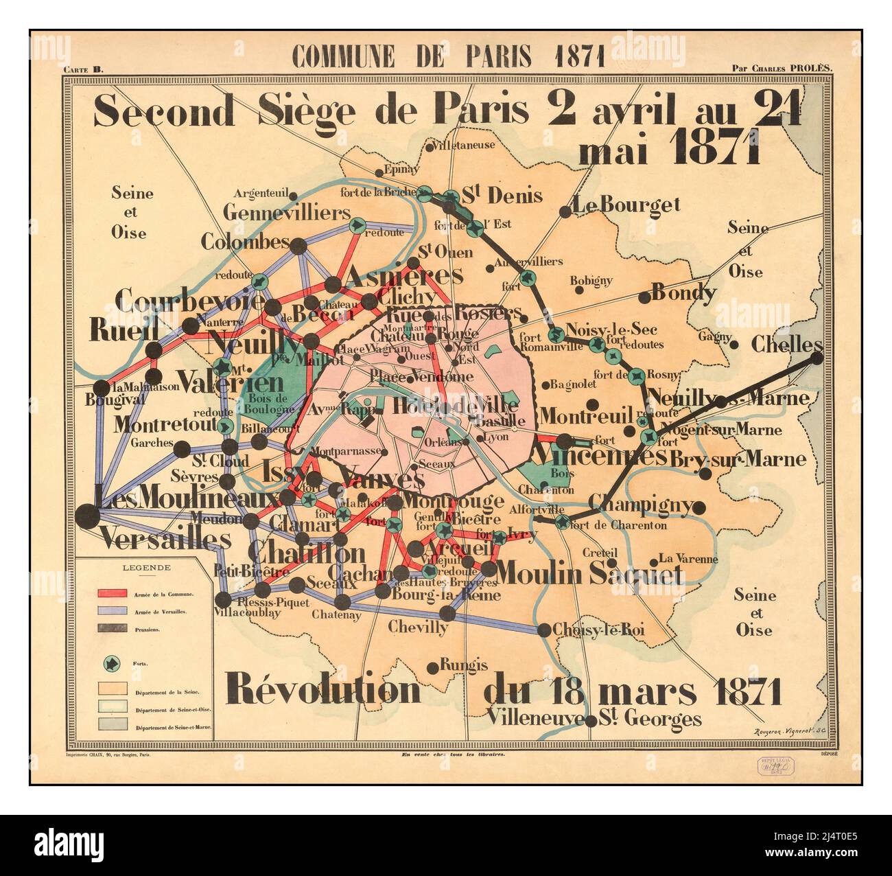 Vintage Commune De Paris 1871 Map Diagram Seige Commune de Paris 1871 : carte B. Second siège de Paris 2 avril au 21 mai 1871. Révolution du 18 Mars 1871 / par Charles Prolès ; Rougeron Vignerot sc. Foto Stock