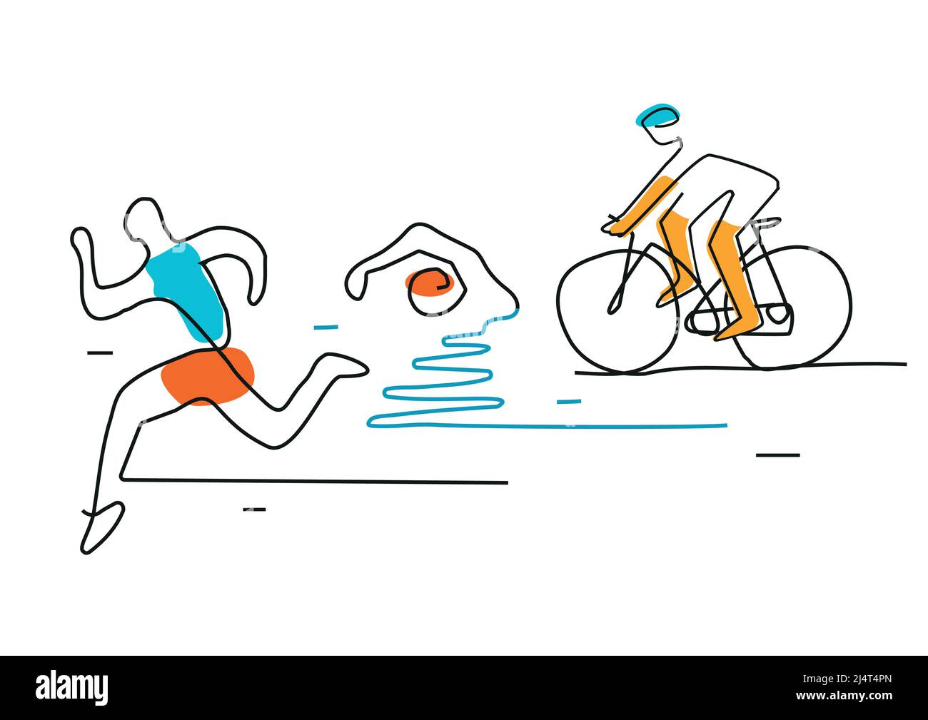 Triathlon cycling swimming, line art. Illustrazione degli atleti di Triathlon. Disegno linea continuo . Vettore disponibile. Illustrazione Vettoriale